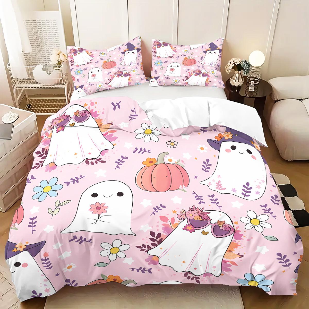 

3pcs Pink Bedding Set Happy Halloween Ghost Print Cozy Soft Duvet Cover King Queen Twin Size Birthday Gift Adult Bedroom Decor EU Single(135*200cm)3pcs