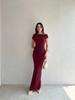 European and American Style Women's Clothing New Summer Simple and Elegant Slanted Shoulder Tight Mid-waist Pleated Split Dress