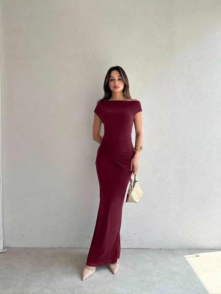 European and American Style Women's Clothing New Summer Simple and Elegant Slanted Shoulder Tight Mid-waist Pleated Split Dress