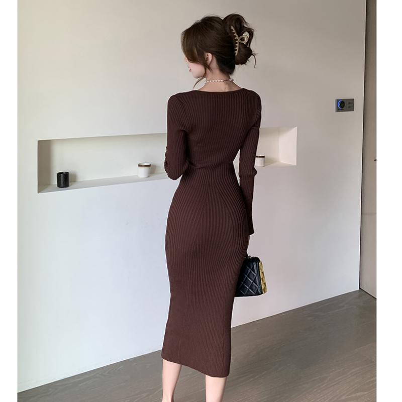 Autumn and Winter New Slim Fit Base Knitted Sexy Dress Women Elegant Mid Length V-neck Sweater Dress Women Solid High Waist Casual Party Dresses 25956