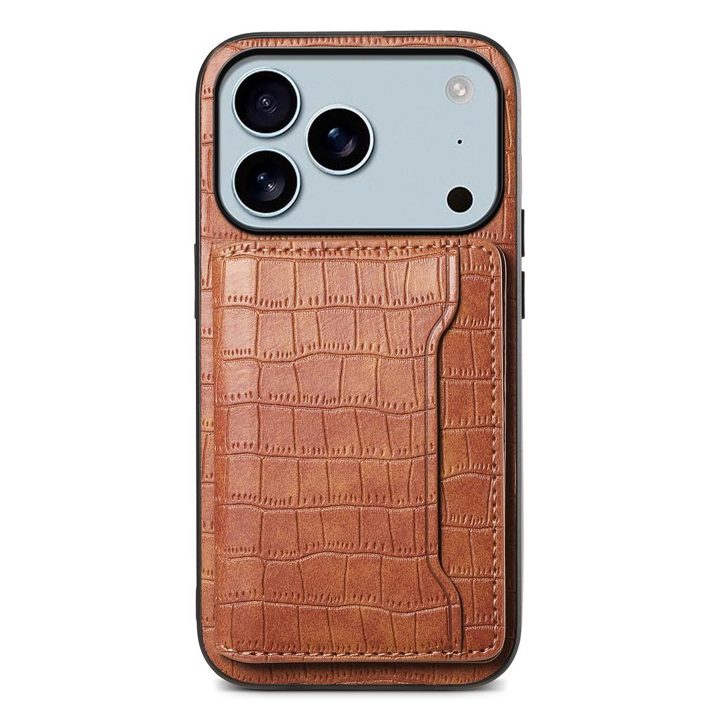For iPhone 17 Pro Max Case Card Holder Kickstand Crocodile Texture Leather Back Phone Cover