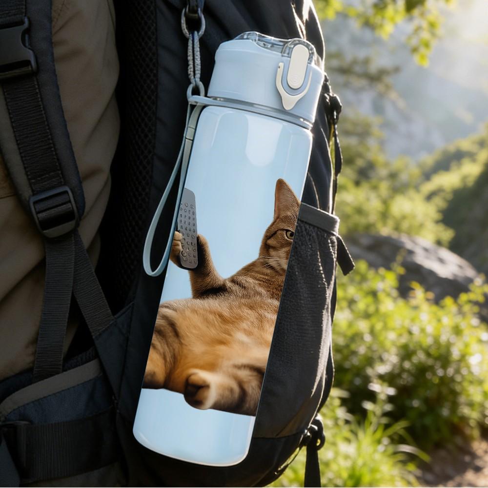 1PC Cat Holding Smartphone 750ml Color Plastic Sports Water Bottle Leakproof Flip Straw Lid Suitable for Sports Office Home Use