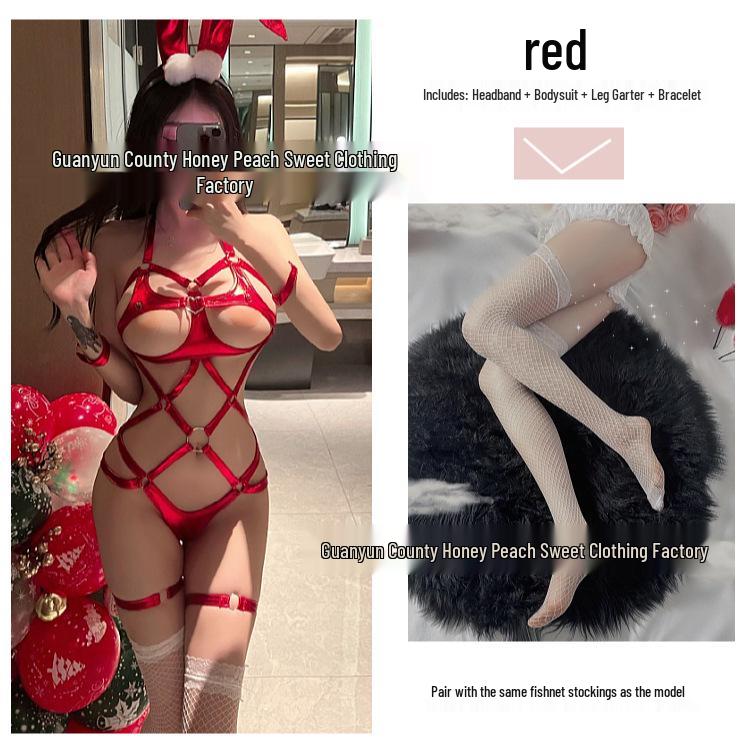 Red Patent Leather Bunny Girl Costume - Sexy Cutout One-Piece Lingerie Set for Christmas & New Year Role Play