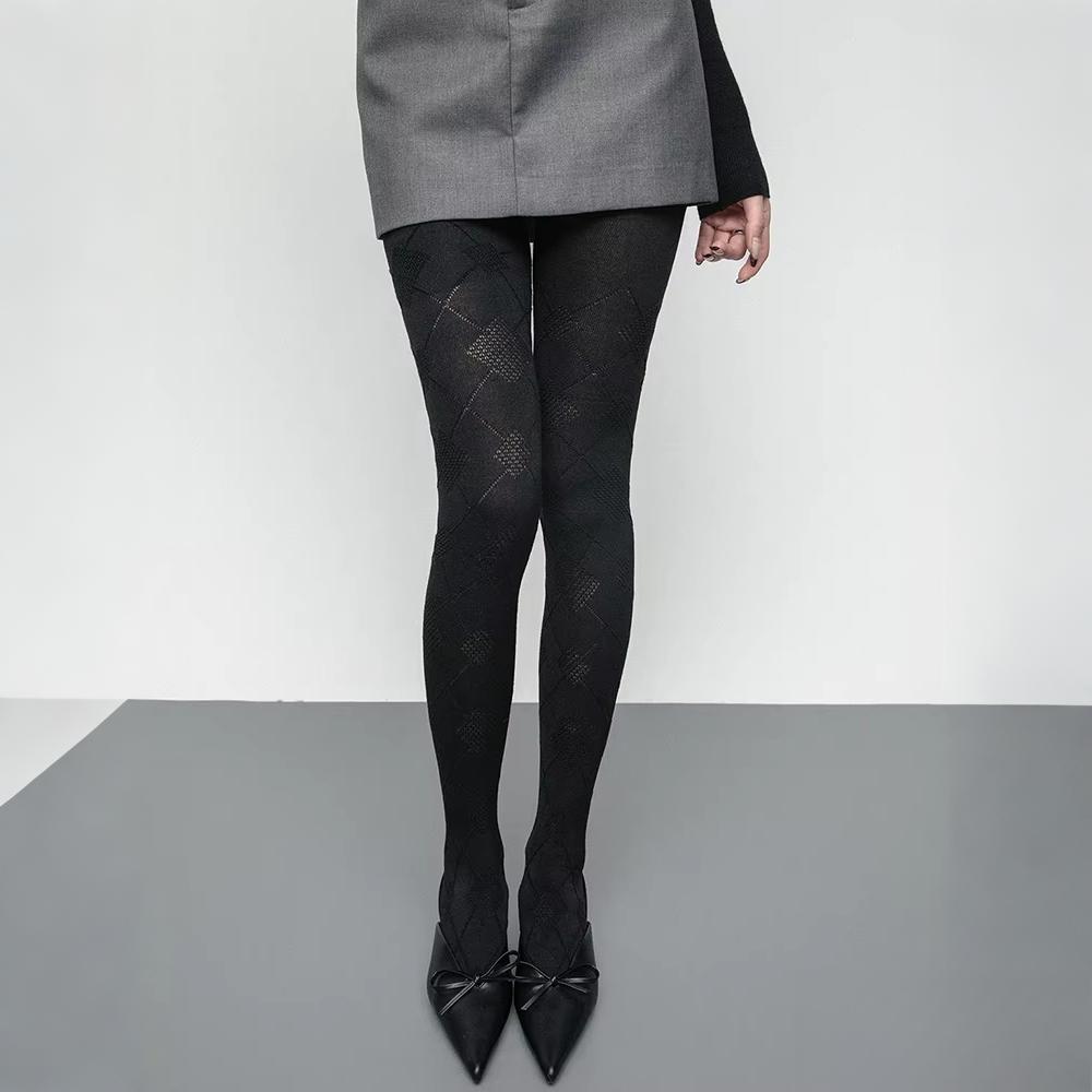 Vintage Rautenmuster Strumpfhose Baumwollstrumpfhose Damen Herbst Winter Atmungsaktiv Schlankmachende Leggings Einfarbige Blickdichte Strümpfe One Size black