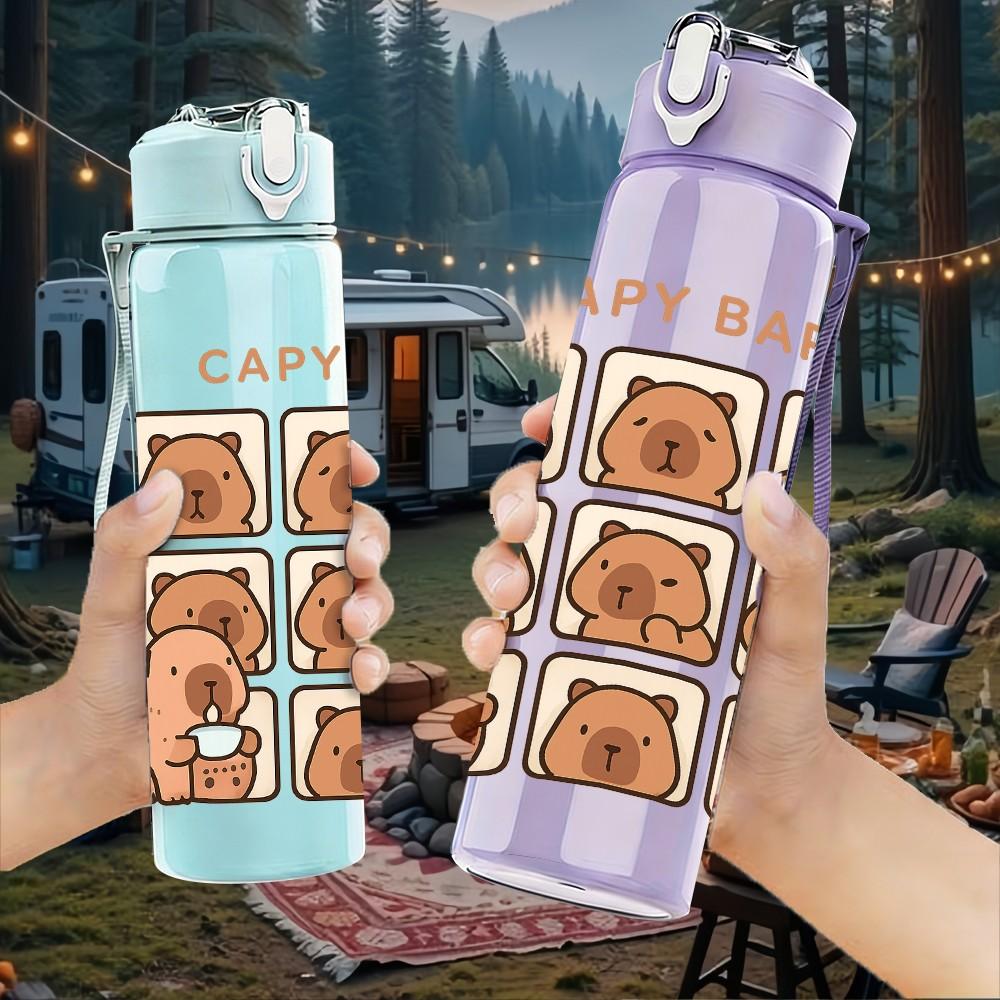 1PC Capybara Cookie Design 750ml Color Plastic Sports Water Bottle Leakproof Flip Straw Lid Suitable for Sports Office Home Use