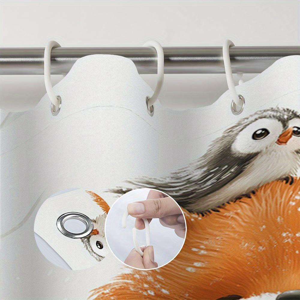1Pc Playful Red Fox & Bear Trio Stacked Shower Curtain - Soft Forest Background With Falling Snowflakes