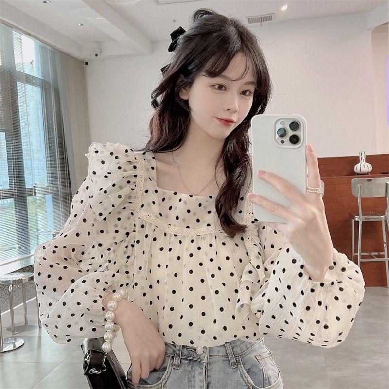 Francuska Stylowa Designerska Bluzka Chiffonowa z Długim Rękawem do Noszenia na Zewnątrz, Świeża w Kropki, Damska Jesienna Mała Bluzka