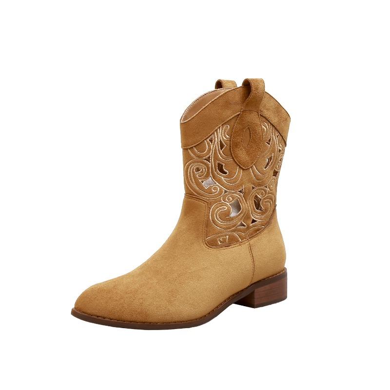 

Версия из коровьей кожи, Spice Girl острый носок полая вышивка средняя голень толстый каблук ковбойские сапоги женские кожаные короткие сапоги новинка осень-зима 35