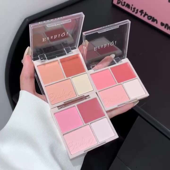Four-Color Blush & Highlighter Contour Palette: Cream, Powder, Matte, Natural Apricot Tones for Shadow and Glow
