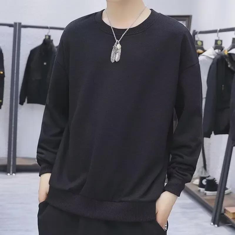 Men's Long-Sleeve Round Neck Solid T-Shirt, Casual Loose Fit, Hong Kong & Korean Style