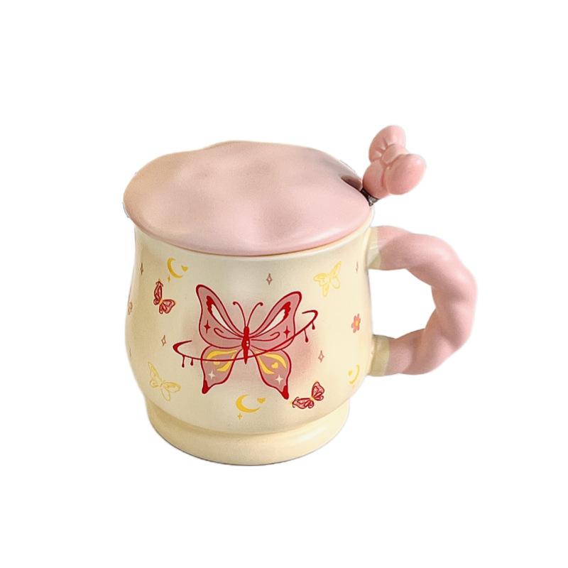 Butterfly Mug Girl Heart Ceramic Cup with Lid with Spoon High Value Water Cup Office Coffee Breakfast Cup