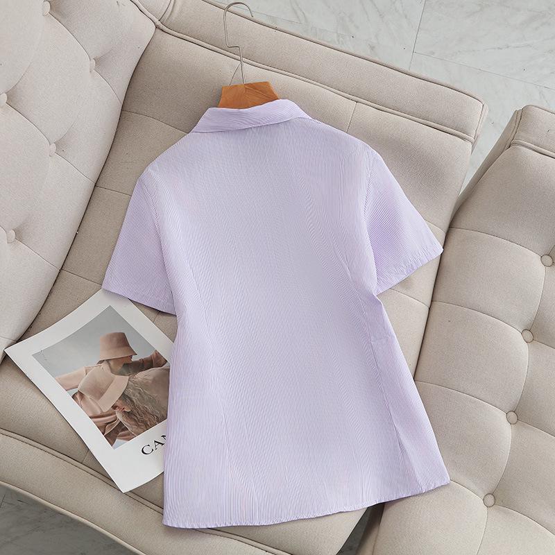 Women's Plus Size V-Neck Purple & White Striped Short-Sleeve Shirt - Slimming, Professional, Formal, Extra Large, Spring/Summer