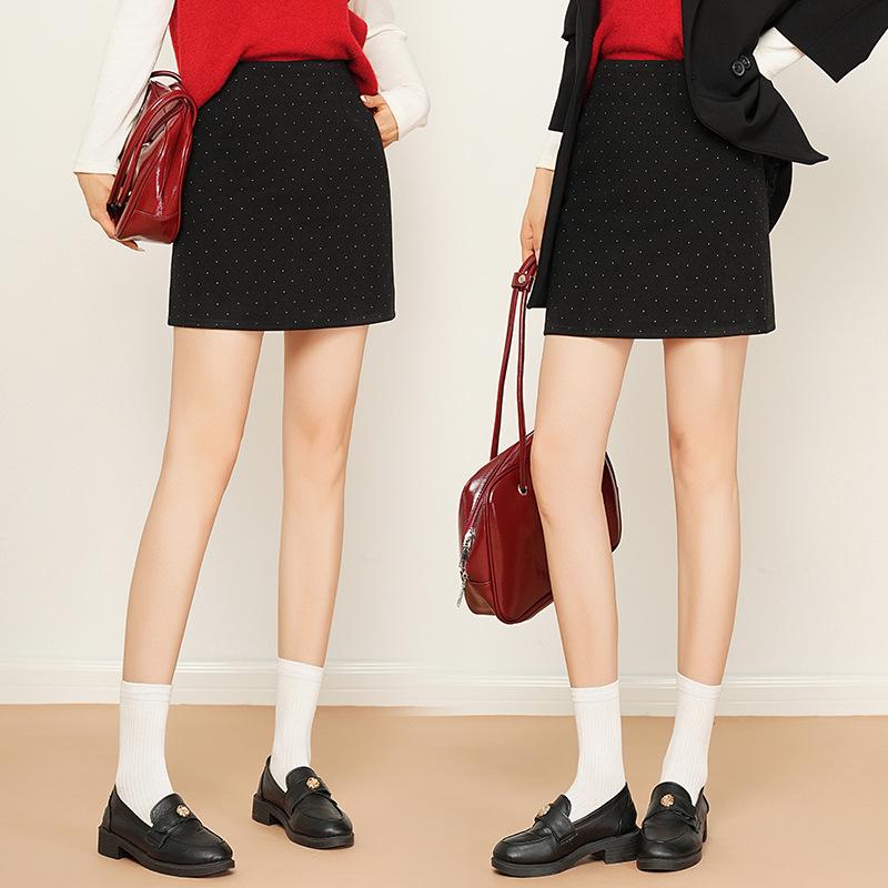 2025 Autumn/Winter High Waist Polka Dot Wool A-Line Skirt