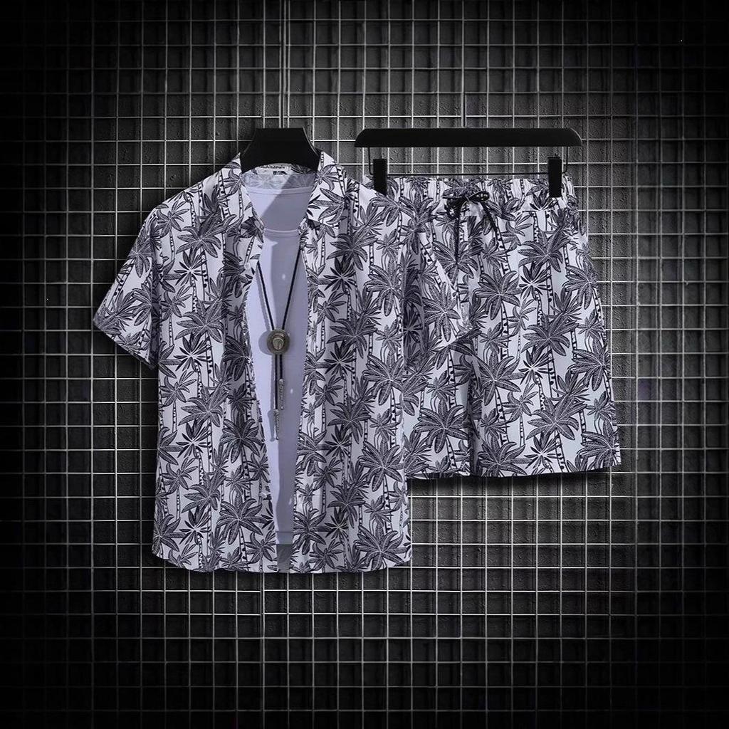 Men's Retro Floral Short-Sleeve Shirt & Beach Shorts Set for Seaside Vacations