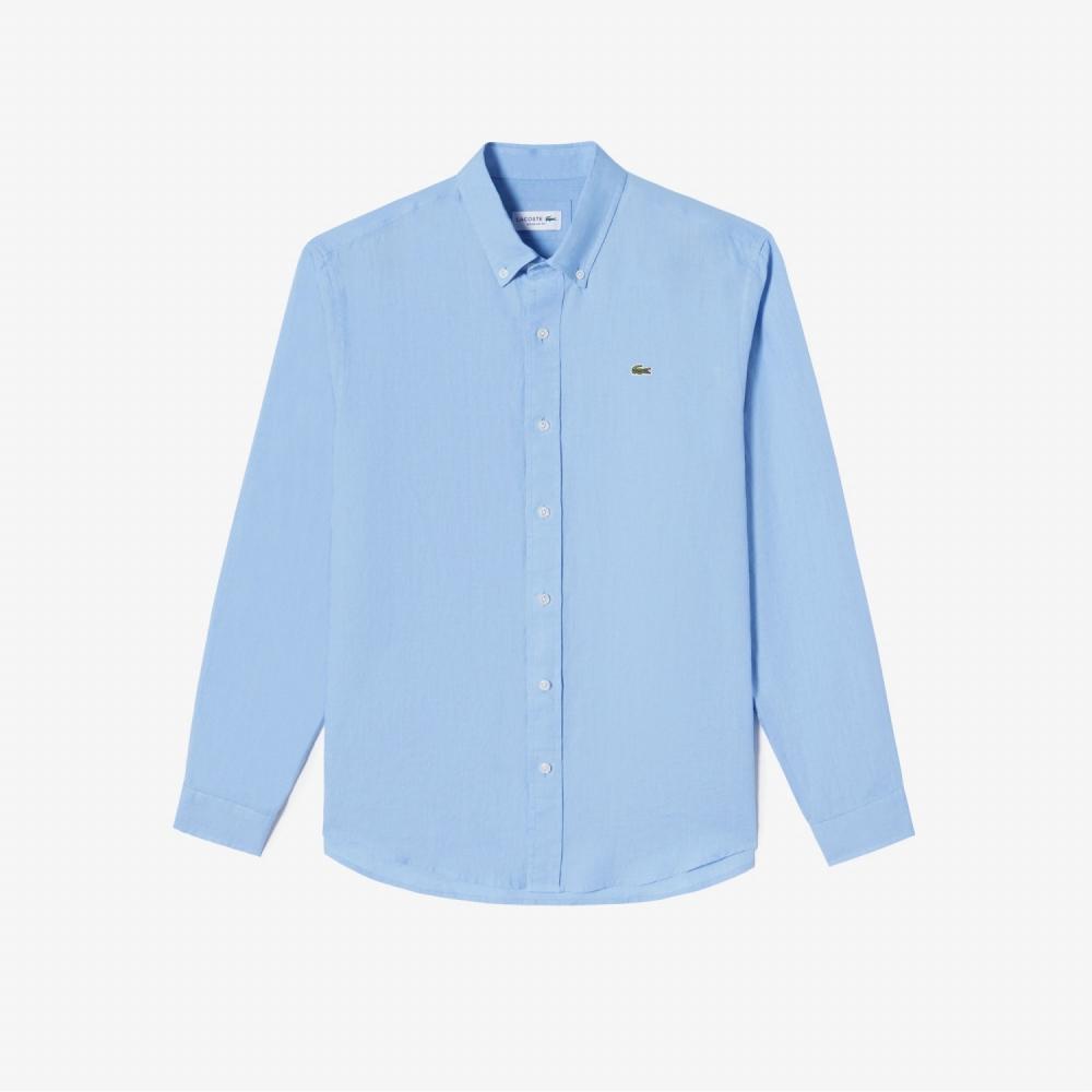 

LACOSTE Мужская Однотонная Льняная Рубашка Синяя