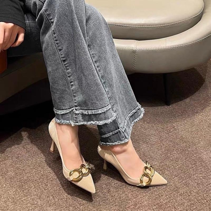 Fashion Shoes Woman Trend Luxury Women's Shoes Genuine Leather Metal Button High Heels Shoes New Popular Pointed Toe Fashion Sexy Party