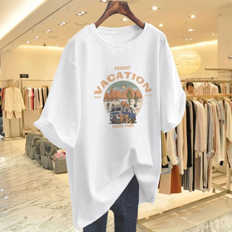 Cartoon Short-sleeved T-shirt Women's Summer New Large Size Loose Medium and Long Half-sleeved T-shirt Pure Cotton Top Bottoming Shirt