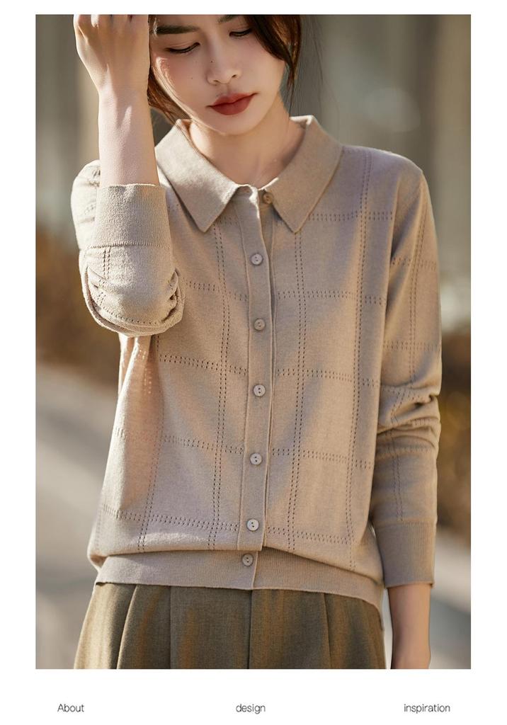 Women's Knit Lapel Cardigan: Light Hollow Jacket, Long Sleeve Spring/Summer Top