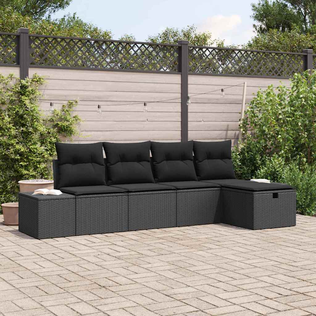 5 Piece Black Poly Rattan Garden Sofa Set with Cushions