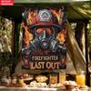 Firefighter Last Out Tapestry Fireman Helmet Gas Mask Wall Art Rescue Hero Poster Emergency Service Tribute Bold Design