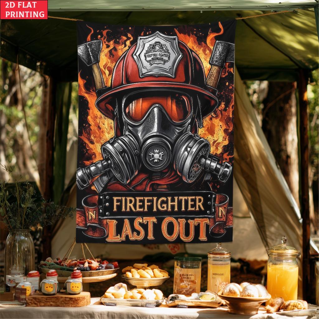 Firefighter Last Out Tapestry Fireman Helmet Gas Mask Wall Art Rescue Hero Poster Emergency Service Tribute Bold Design