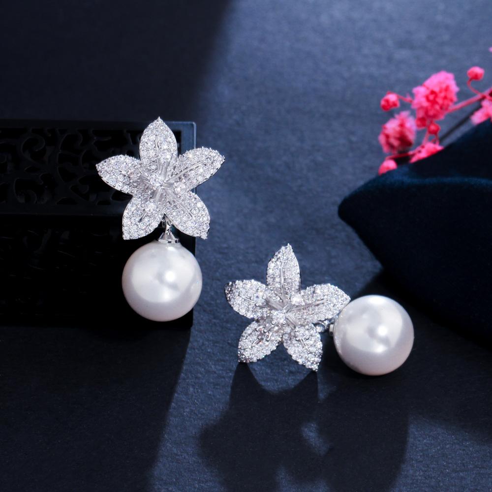 Zircons Noble White Gold Color Dangle Drop Pearl Cubic Zirconia Lovely Geometric Flower Earrings For Women Chic Jewelry