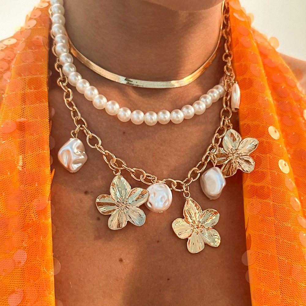 Imitation Pearl Imitation Pearl Snake Chain Choker Flower Clavicle Chain  Jewelry Accessories