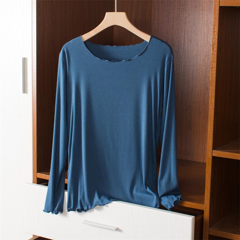 Women's Slim Fit Wood-Ear Trim Modal Long Sleeve T-Shirt, Round Neck, Plus Size, Spring/Autumn Versatile Top