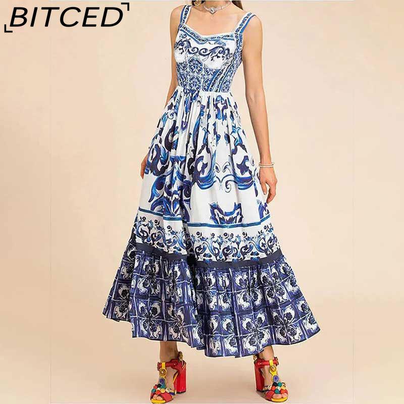 BITCED Spring Collection Bohemian-inspired Elegant Mid-Length Wide-Hem Printed Halter Neck Dress