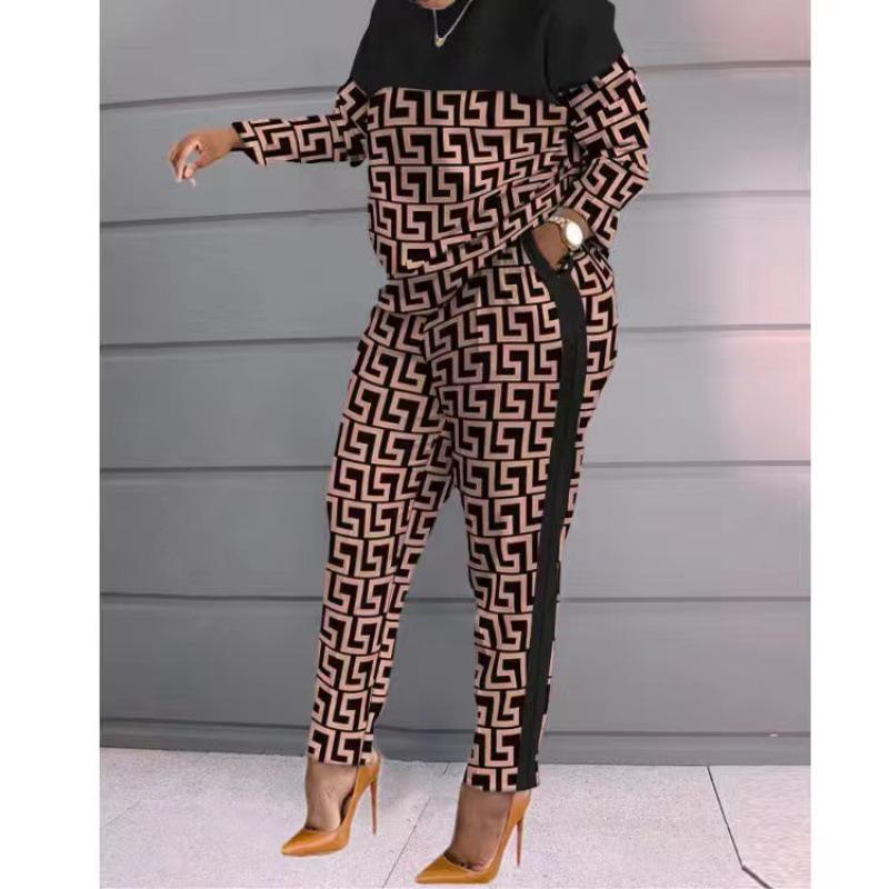 Women's Color Block Plaid Patchwork Two-Piece Set - Long Sleeve Casual Fashion