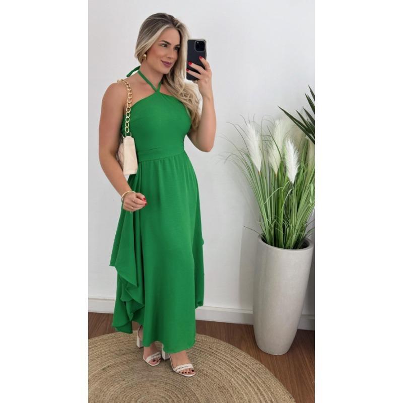 

VEZFAA Женские Модные Летние Весенние Платья Без Рукавов с Вырезом Холтер и Завышенной Талией XL