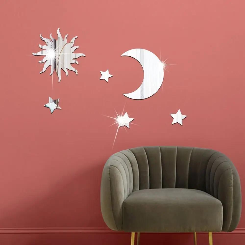 6PCS NEW Gold Silver Gold Mirror Wall Stickers DIY Acrylic Star Moon Decal Stereo Self Adhesive Decorative Decal Bedroom Sticker