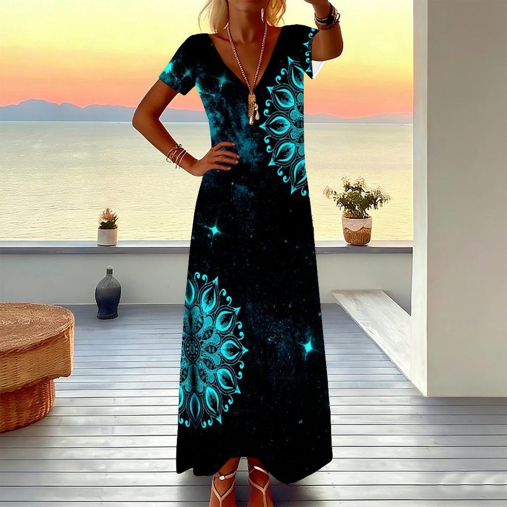 Women Plus Size Short Sleeve V Neck Maxi Dress Coral Diagonal Leopard Splicing Print Loose Summer Beach Long Dress