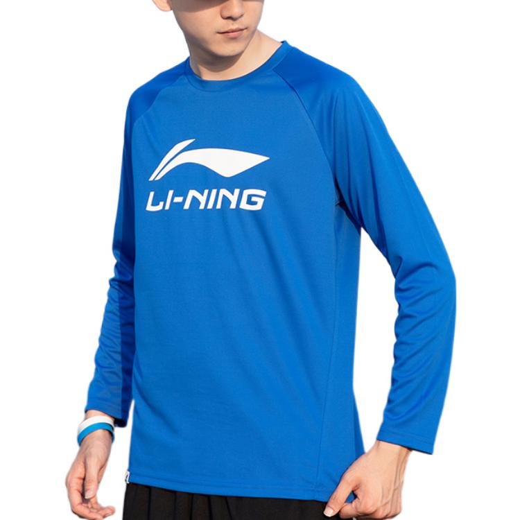 Li Ning Badminton Series Letter Big Logo Printed Sports Round Neck Long Sleeve T-Shirt Men Tops Crystal-Blue ATLR071-4