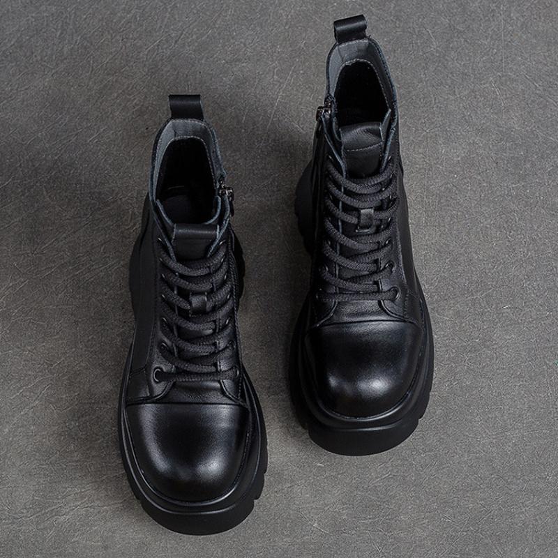 Johnature Pravá kůže Silná podrážka Dámské Kozačky Retro Kulatá špička Boční Zip Klínky Boty na platformě