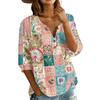 Women’s Fashion Printed Patchwork Cotton Linen Henley Shirt with Button Front and Three Quarter Sleeves Relaxed Fit Top