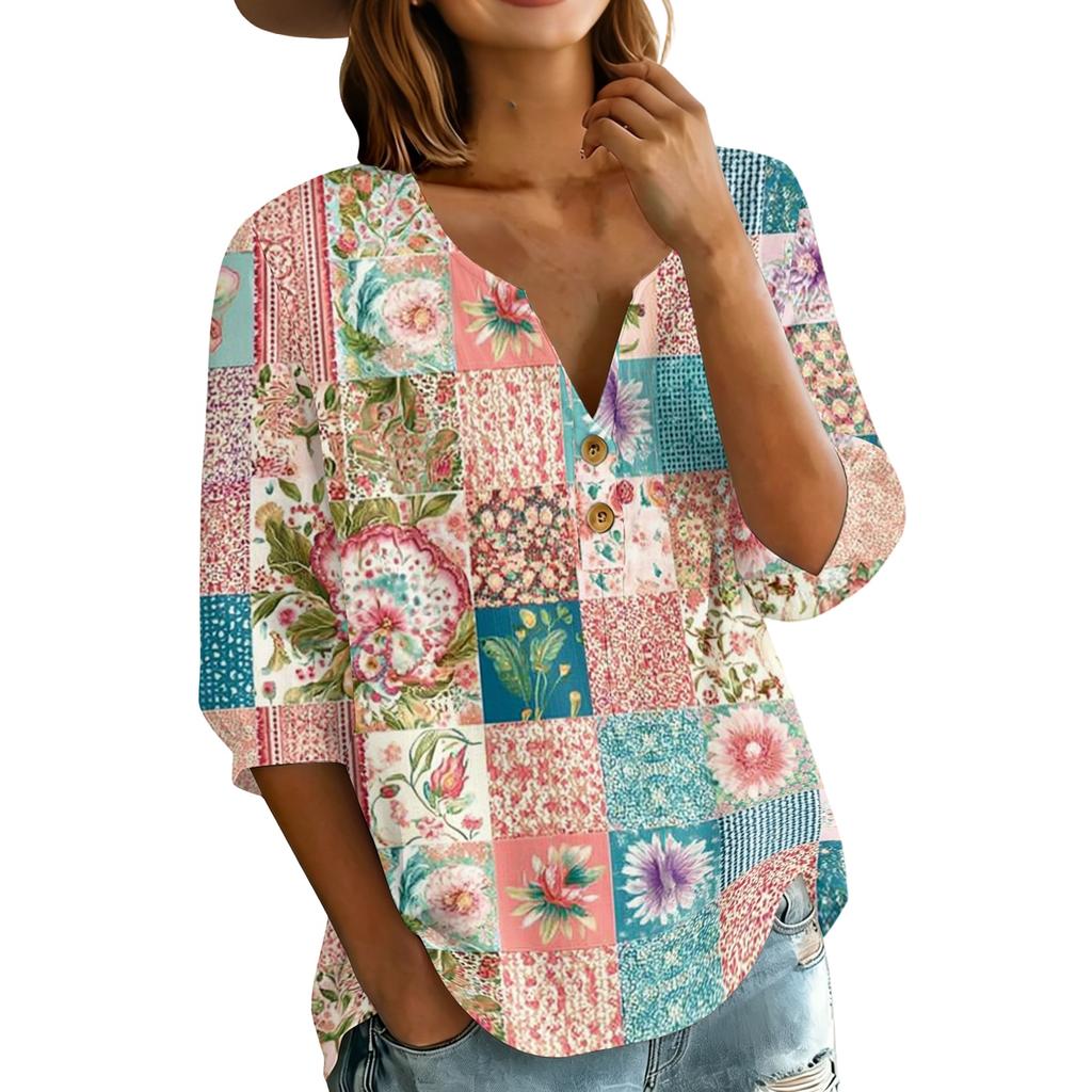 Women’s Fashion Printed Patchwork Cotton Linen Henley Shirt with Button Front and Three Quarter Sleeves Relaxed Fit Top