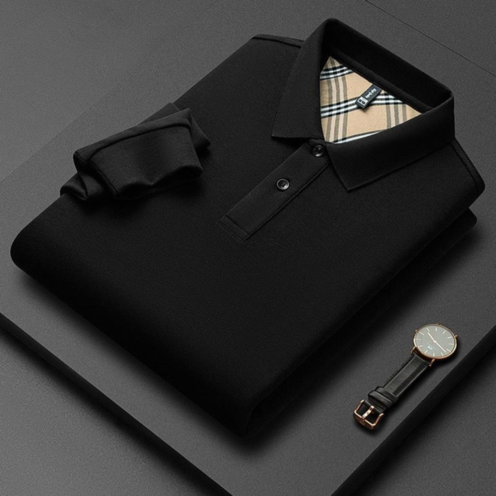 TrendHub New Men's  Cotton Business Long Sleeve Solid Color Polo Shirt Fashionable Warm Comfortable Autumn Winter Top