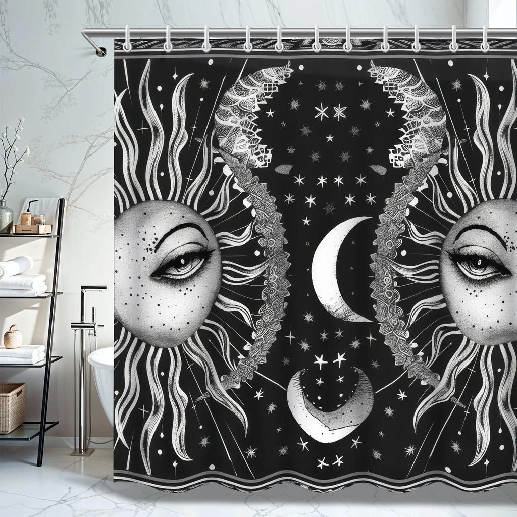 ~O~Vintage Sun & Moon Shower Curtain - Starry Sky Pattern, MacPolyester, Artistic Bathroom Set, Retro Design