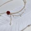 New, Vintage Red Rose Imitation Pearl Necklace Tassel Chain, Women's Necklace with Diamonds Women's