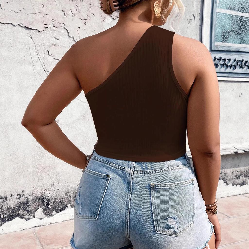 European and American Large-size Women's Clothing New Ins Fashion Versatile Slanted Shoulder Short Knitted Vest Navel Top