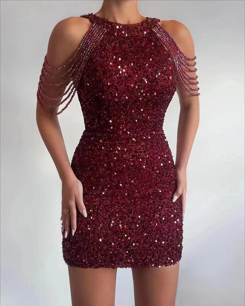 Spring and summer new products fashionable neck sexy crystal fringed hip sequins European and American dresses mid-waist evening dresses