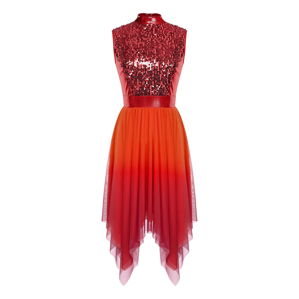 Womens Worship Praise Dance Dress Shiny Sequine Sleeveless Bodice Gradient Mesh Irregular Hem Lyrical Costume