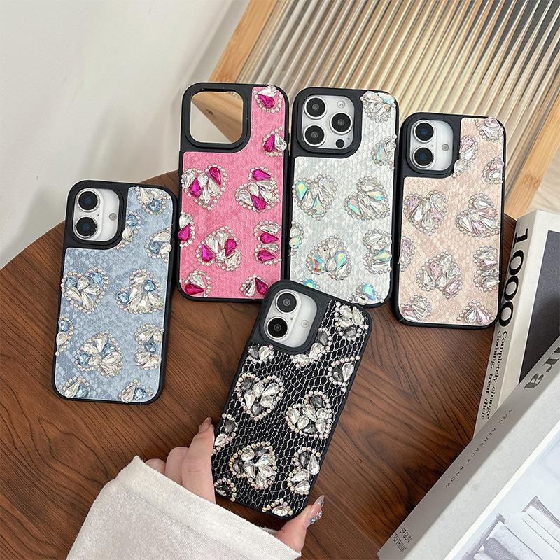 Luxurious Snakeskin Pattern Rhinestone Heart-shaped Mobile Phone Case for IPhone16pro High-end for Apple 17Air Women’s Fashion