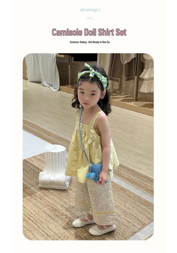 Summer Girls' Two-Piece Set: Spaghetti Strap Doll Shirt & Wide-Leg Pants, Available In Large and Small - 710608.