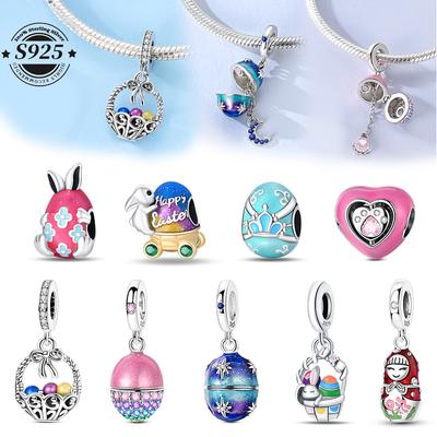 Fit Original Copper Charms Beads Luminous Easter Egg Pink Baskets Charms For Women Fine Diy Birthday Jewelry Gifts