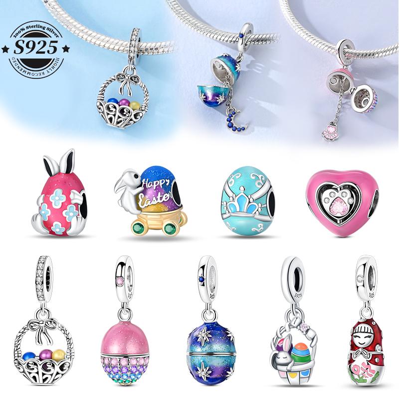 Compatible With Authentic Original Copper Metal Charm Bead Components Bead Components Luminous Easter Egg Pink Baskets Charm Bead Components Designed