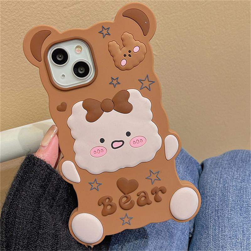 Korejský roztomilý 3D Cartoon Bear silikonový kryt na telefon s hvězdou pro iPhone 14 13 12 11 Pro Max Lovely Bunny ochranný měkký kryt Funda