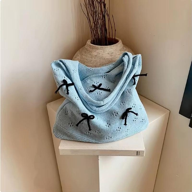 Solid Color Large Capacity Shoulder Bucket Bag Fashionable Knitted Work Commuter Bag Daily Shopper Tote For Women