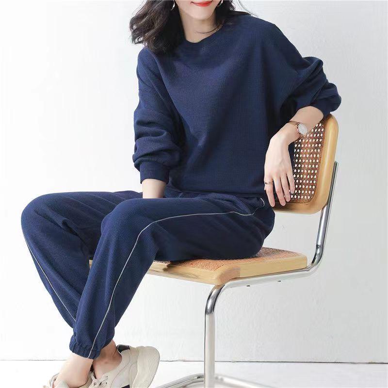 2025 Spring-Autumn Women's Casual Two-Piece Set: Round Neck Long Sleeve Top & Loose Pants, Plus Size